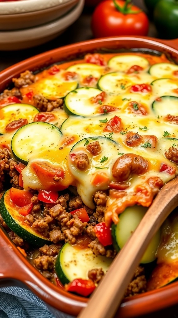 Zucchini Tomato Ground Beef Casserole Recipe A bubbling zucchini tomato ground beef casserole with melted cheese, served in a rustic dish.